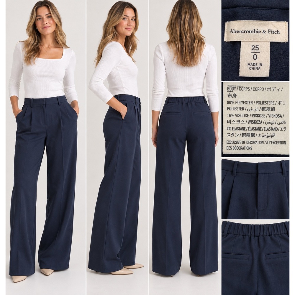 Abercrombie & Fitch Sloane Navy Blue Tailored Wide Leg Pleated Pants Size 25 0